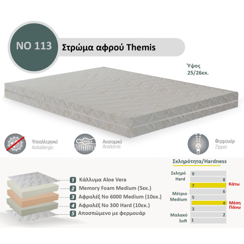 Στρώμα Αφρού Themis No 113 (Memory/6000/300) πάχος 25/26εκ.