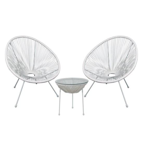 Acapulco Set Κήπου - Βεράντας: Τραπέζι + 2 Πολυθρόνες Μέταλλο Άσπρο/Rattan Άσπρο Table:Φ50x50cm Chair:73x76x89
