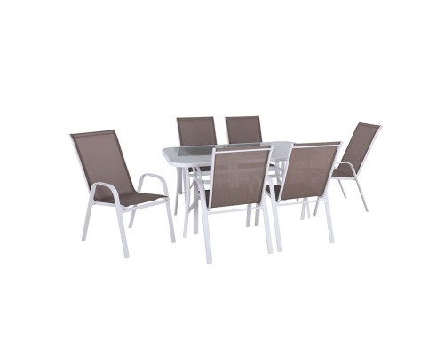 Rio Set Τραπεζαρία Κήπου Άσπρο Μέταλλο,Textilene Cappuccino : Τραπέζι+6 Πολυθρόνες Table:150x90x71 Armch:55x74x91