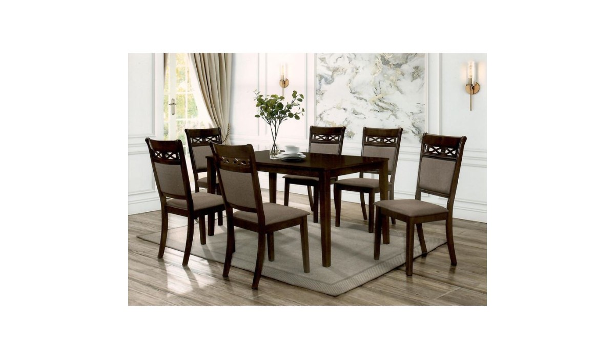 Debora Set Τραπεζαρία Σαλονιού Ξύλινη: Τραπέζι + 6 Καρέκλες Σκούρο Καρυδί -Ύφασμα Καφέ 160x90x76cm / 45x49x100cm | Mycollection.gr