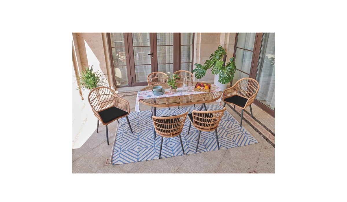Salsa Τραπεζαρία Κήπου:μέταλλο Βαφή Μαύρο-Wicker Φυσικό: 2 Πολυθρόνες+ 4 Καρέκλες+Τραπέζι 160x95x74 -57x68x83-53x63x78cm | Mycollection.gr