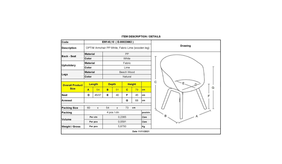 Optim Πολυθρόνα Pp Άσπρο, Ύφασμα Lime, Ξύλινο Πόδι Οξιά 54x51x79cm | Mycollection.gr