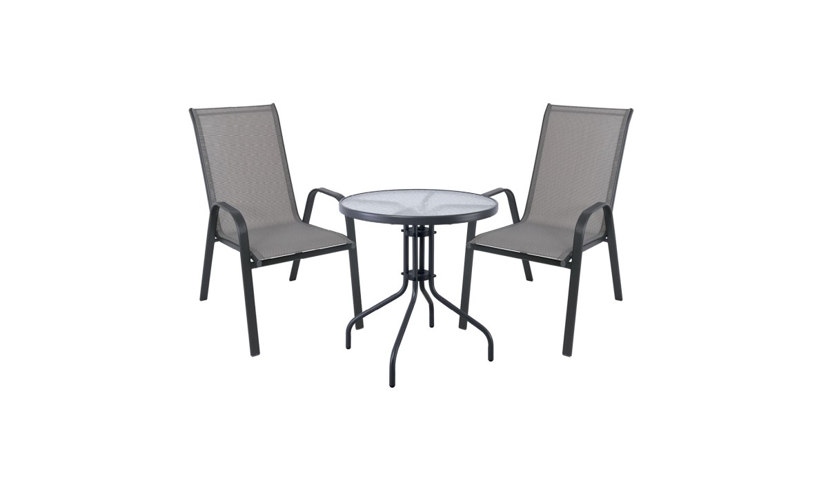 Rio Set Κήπου - Βεράντας: Τραπέζι + 2 Πολυθρόνες Μέταλλο Βαφή Ανθρακί, Textilene Γκρι Table:Φ70x70 Armchair:55x74x91 | Mycollection.gr