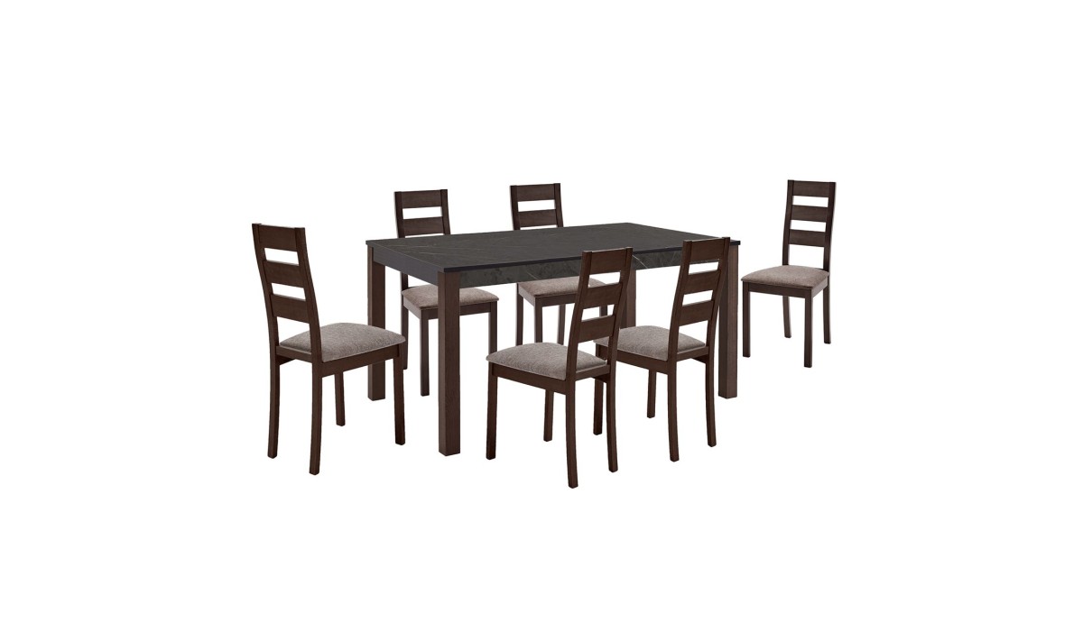 Sienna Set (1+6) Τραπεζαρίας - Κουζίνας, Σκούρο Καρυδί, Melamine Greystone,Ύφασμα Μπεζ Table 150x90x74/Chair 45x52x97 | Mycollection.gr