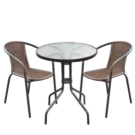 Baleno Set Κήπου - Βεράντας: Τραπέζι + 2 Πολυθρόνες Μέταλλο Καφέ - Wicker Brown Table:Φ60x70 Armchair:53x58x77