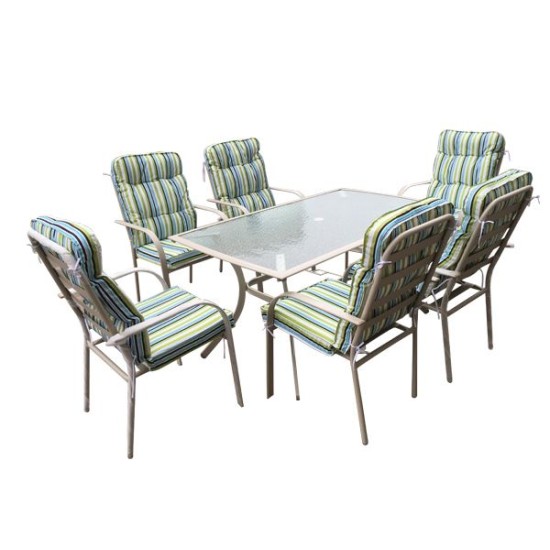 Astor Set Τραπεζαρία Κήπου: Τραπέζι + 6 Πολυθρόνες Μέταλλο Εκρού, Γυαλί, Μαξιλάρι Ριγέ Table:150x90x75 Chair60x77x104